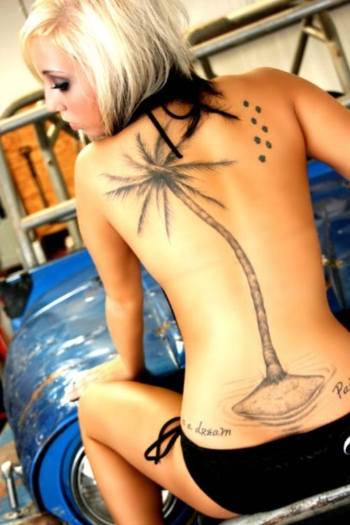 Grey Ink Palm Tree Tattoo On Girl Back